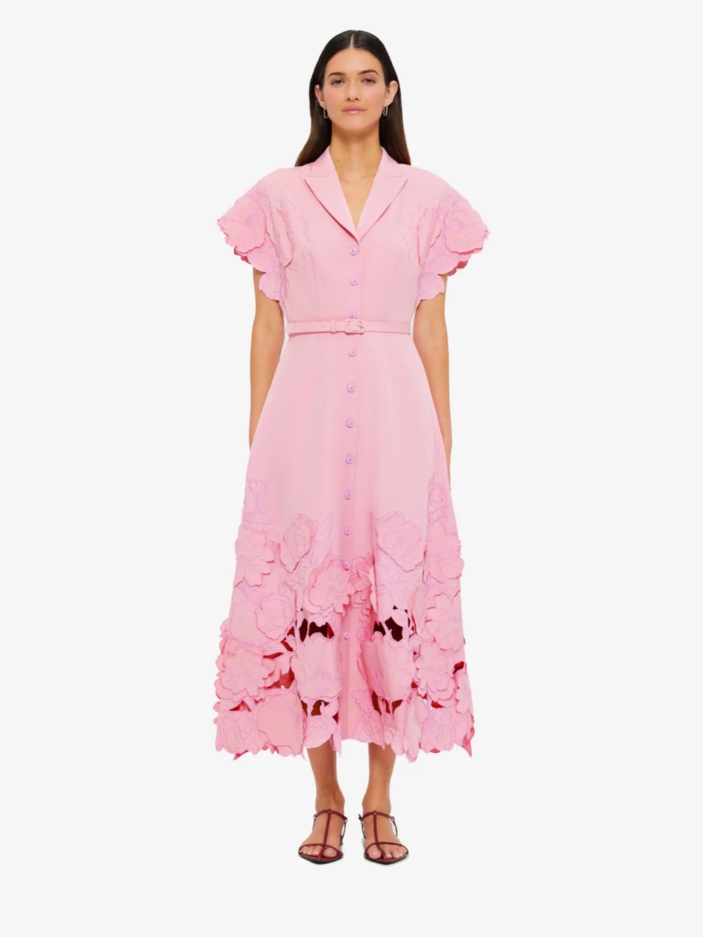 Leo Lin Aubrey Appliqué Shirt Midi Dress - Color Flamingo - Size AU 14 (US 10)